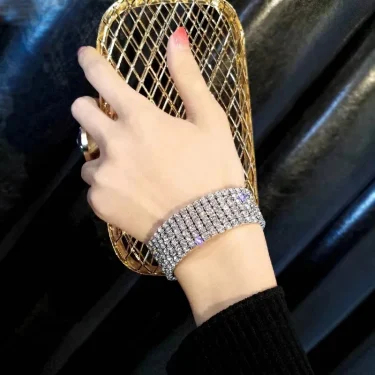 Classic Multiple Shining Rhinestone Crystal Stretch For Women Girls Bridal Wedding Wristband Elastic Bracelet Gold Silver Color 5