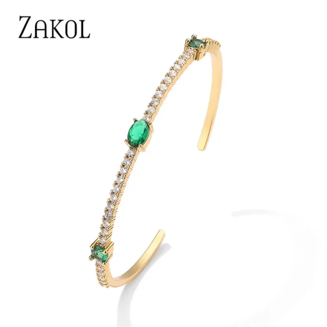 ZAKOL Fashion Green Zircon Cuff Bangles Bracelet for Women Oval Cubic Zirconia Gold Color Bracelets Christmas Party Jewelry 2