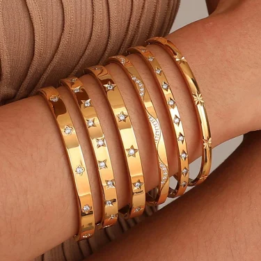 Open Adjustable Star Starburst Cuff Bangle Bracelet for Women Stainless Steel Cubic Zirconia Inlay Charm Layered Jewelry 6