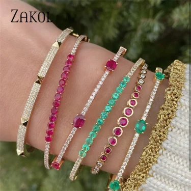 ZAKOL Fashion Green Zircon Cuff Bangles Bracelet for Women Oval Cubic Zirconia Gold Color Bracelets Christmas Party Jewelry 1