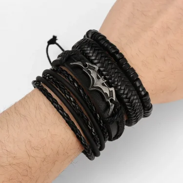 4Pcs/set Leather Beaded Black Bat Bracelet Charming Men's Bracelet New Fashion Hip Hop Punk Accessories Jewelry Gift Wholesale 3
