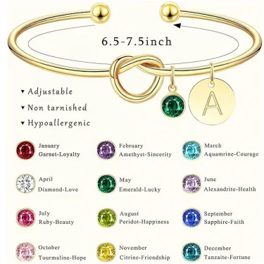 Initial Birthstone 14K Gold Plated Bracelets for Women Bridesmaid Proposal Gift Love Knot Cuff Bangle Bracelet Birthday Gifts 4