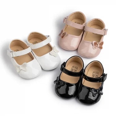 KIDSUN Baby Shoes Newborn Girl Princess PU Toddler Shoes Bow Decor Rubber Sole Anti-Slip First Walker Shoes 0-18M 1