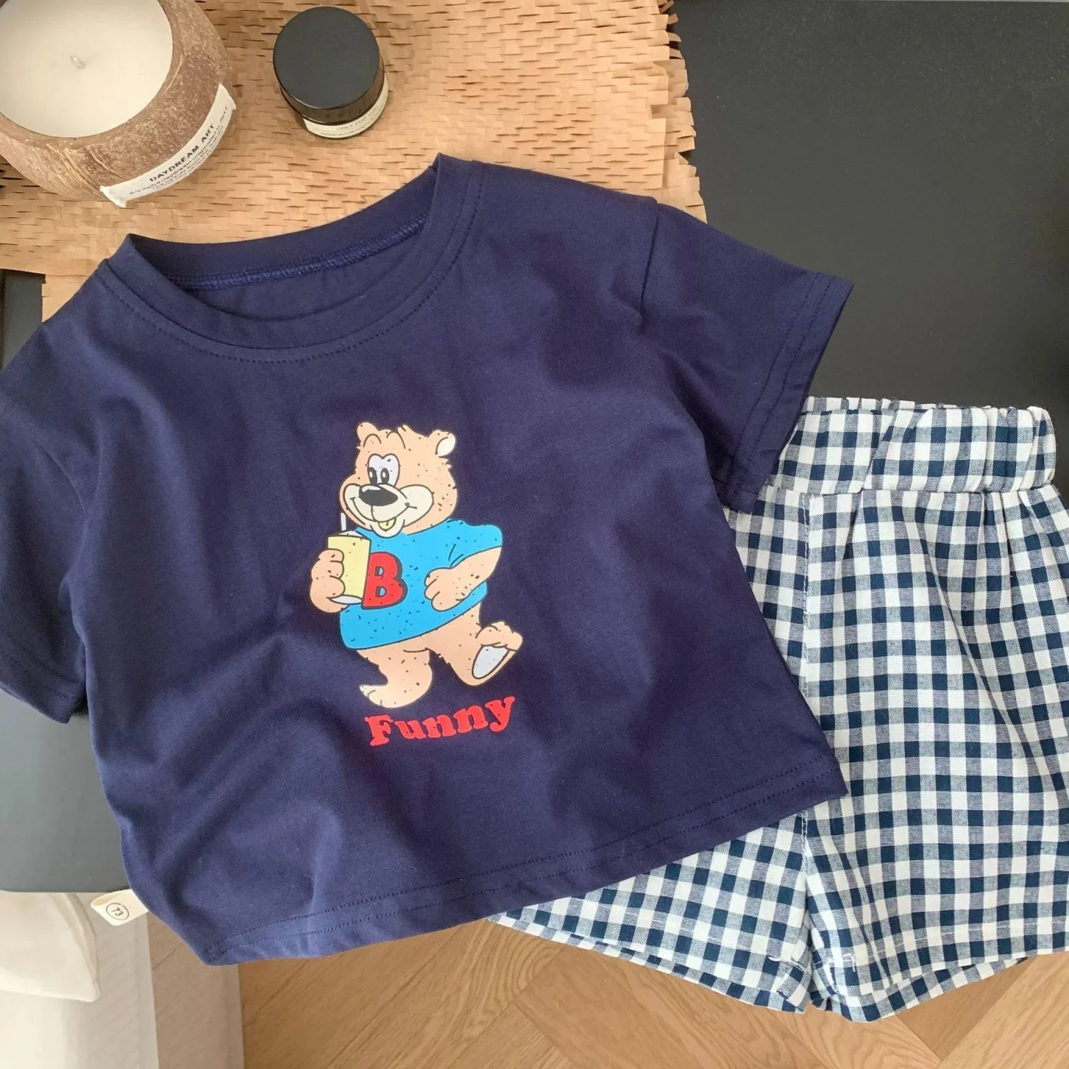 Short Sleeve Tshirt+Plaid Shorts 2 Piece/Set Kids Cartoon Print Short Sleeve Tracksuits For Boys And Girls Cute Summer Clothing 4