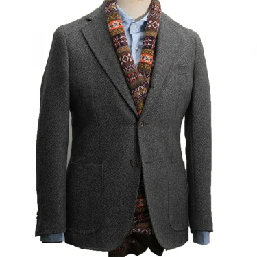 Formal Men's Wool Gray Suits Business Jacket Prom Green Tuxedos One Piece Herringbone Patterned Blazer for Wedding Groomsmen 2