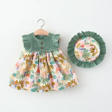 2Piece Set Summer Toddler Dresses For Girls Korean Fashion Flowers Sleeveless Beach Princess Dress+Hat Baby Clothes Outfit BC140 2