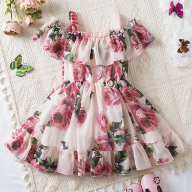 New Suspend Dress for Girls Print Dress Elegant Children Summer Casual Clothes Chiffon Kids Flower Tutu Princess Dresses 1