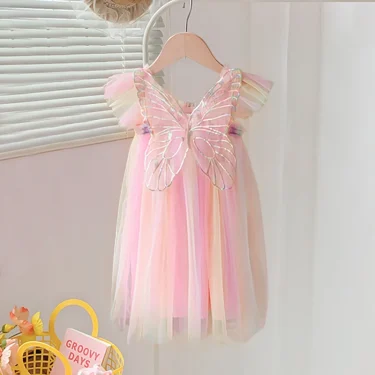 Baby Girls Gradient Rainbow Tulle Sling Dress 3D Butterfly Mesh Vestido Vintage Children Wedding Birthday Party Princess Dresses 5