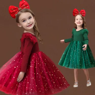 2025 Red Christmas Dress for Baby Girls Winter Long Sleeve Mesh Dresses for 3-8Yrs Kid Star Sequin Birthday Party Princess Dress 6