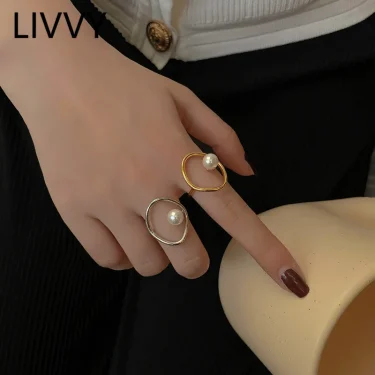 LIVVY New Fashion Silver Color Adjustable Pearl Rings For Women Simple France Hollow Geometric Elegant Wedding Jewelry 1
