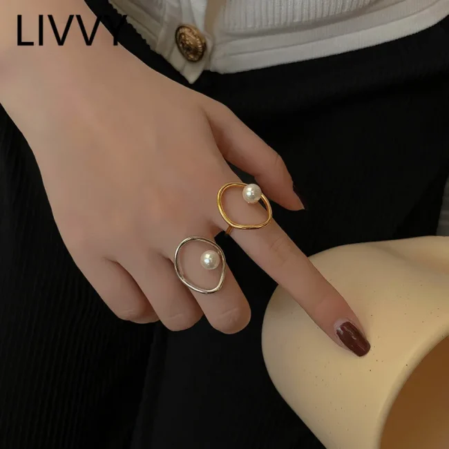 LIVVY New Fashion Silver Color Adjustable Pearl Rings For Women Simple France Hollow Geometric Elegant Wedding Jewelry 1