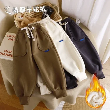 Kids Paded Pants Boys Girl Autumn Winter Plus Velvet Thick Warm Trousers Corduroy Outer Wear Sport Casual Pants Children Clothes 2