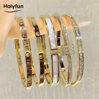 Classic Bracelet Design Gold Color Waterproof Stainless Steel Luxury Brand Sparkling Zircon Bangles for Women Gift Jewelry 1