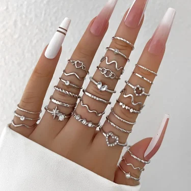 Fashion Simple Wave Joint Rings Set For Women Crystal Heart Shape Gold Silver Color Ring Female Party Jewelry 3