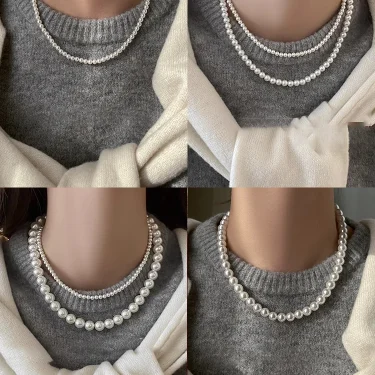 Girl’s Imitation White Pearl Magnetic Round Buckle Beadeds Chain Necklace 2024 New Collarbone Chain Elegant Jewelry for Women 4