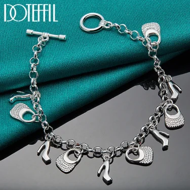 DOTEFFIL 925 Sterling Silver High Heels Bag Pendant Bracelets Chain For Women Charm Wedding Engagement Jewelry 5