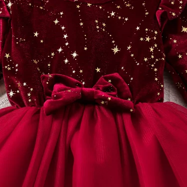 Toddler Girl Party Dress Autumn Winter 1-8 Years Children Christmas And New Year Princess Dress Red Velvet Gown Stars Mesh Dress 5