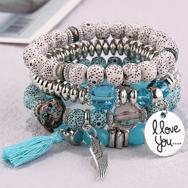 DIEZI Multicolor Acrylic Crystal Beads Strand Bracelets For Women Girls Men Tassel Wing Elastic Rope Bracelet Pulseira Feminina 2
