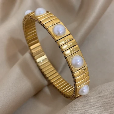 Imitation Pearls Elasticity Bracelets Stainless Steel Elastic Scalable Bangles for Women Cuff Wristband Waterproof Jewelry 2