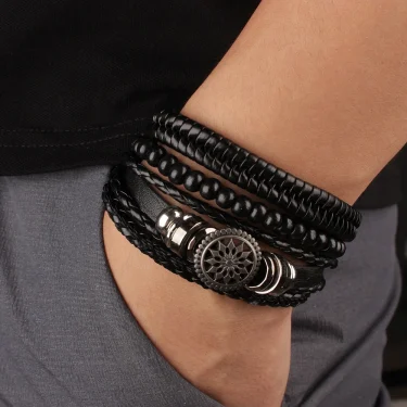 4Pcs/ Set Braided Wrap Leather Bracelets for Men Vintage Life Tree Rudder Charm Wood Beads Ethnic Tribal Wristband Rope Bracelet 1