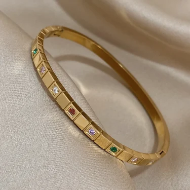 New Inlaid Square Small Colored Zircon Stainless Steel Bangle Bracelet for Women Luxury Gold Plated Cubic Zirconia Bracelets 2