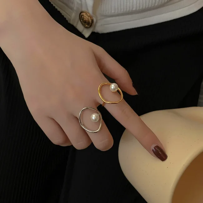 LIVVY New Fashion Silver Color Adjustable Pearl Rings For Women Simple France Hollow Geometric Elegant Wedding Jewelry 4