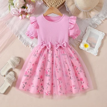 MILANCEL Trendy Girls' Bow Princess Dress Korean Style Children's Patchwork Mesh Floral Dress 2-6 Years Summer Kid's Clothing 1