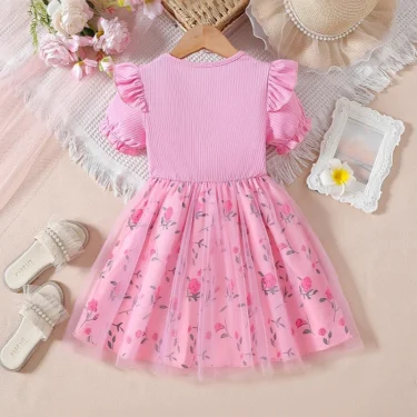 MILANCEL Trendy Girls' Bow Princess Dress Korean Style Children's Patchwork Mesh Floral Dress 2-6 Years Summer Kid's Clothing 2