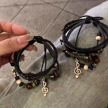 Handmade Hippie Design Brown Leather Bracelet Women Metal Star Note Charms Wood Button Beads Wrap Unisex Adjustable Bracelet 4