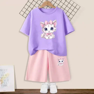 Girls Cute Happy Cat Printed Clothes Set Kids Summer Fashion Short Sleeve T Shirt+Shorts 2pc Suit Children Outfits 4