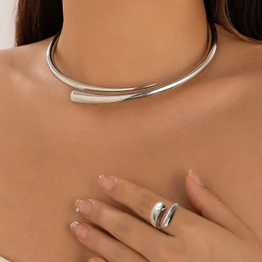 Personalized Spring Open Necklaces Bangles Rings Set For Women Punk Geometric Gold Silver Color Metal New Hip Hop Jewelry Set 3