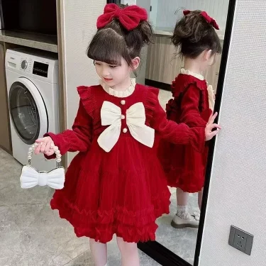 Girls Dress Autumn Girl Red Fluffy Skirt 3-8 Year Old Children Long Sleeved Dress Fashionable Bow Tie Pink Gauze Skirt 1
