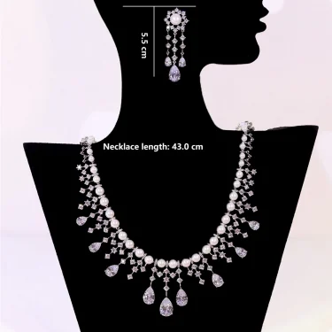 ASNORA Cubic Zirconia Imitation Golden Pearls Jewellery Set Bridal Wedding CZ Necklace for Brides conjuntos femininos elegantes 3