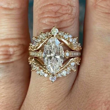 Huitan Gorgeous Marquise Cut Ring for Women 3Pc/Set Elegant Accessories Female Luxury Finger Jewelry for Wedding Ceremony Party 3