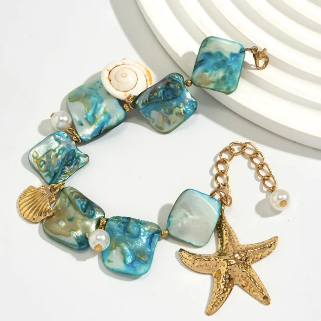Boho Shell Sea Star Imitation Pearl Pendant Bracelet 2024 Women's Simple Creative Blue Handmade Weaving Girls Beach Jewelry 4
