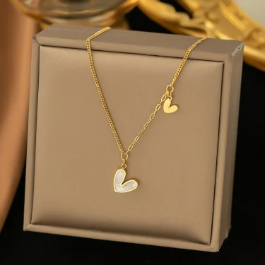 ANENJERY L316 Stainless Steel White Shell Heart Pendant Necklace for Women Dainty Simple Tender Clavicle Chain Jewelry Gift 1