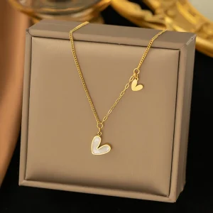 ANENJERY L316 Stainless Steel White Shell Heart Pendant Necklace for Women Dainty Simple Tender Clavicle Chain Jewelry Gift 1