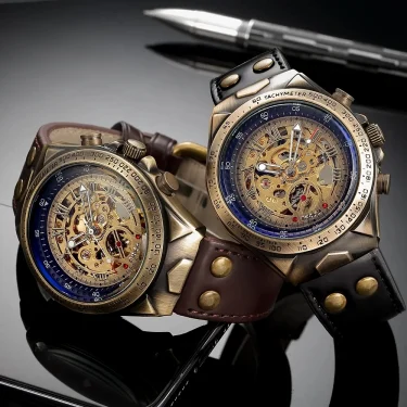 Bronze Retro Skeleton Automatic Mechanical Watch for Men Luminous Hand Brown Genuine Leather Belt Luxury Brand Steampunk Watches 3