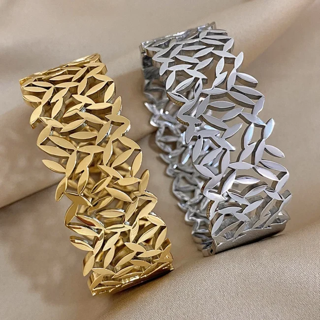 AENSOA Chunky Punk Gold Color Charm Leaf Wide Big Coin Stainless Steel Wide Bangle Bracelet for Women New Geometric Jewelry Gift 2