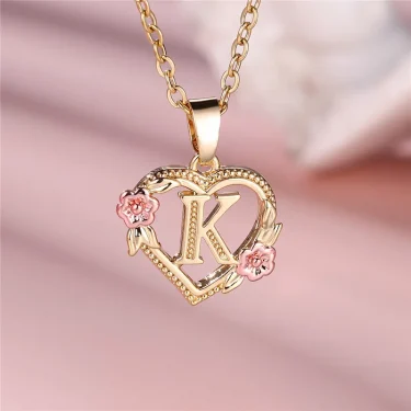 Female A-Z Letter Flower Pendant Necklace Yellow Gold Color Wedding Jewelry Gift For Women 1
