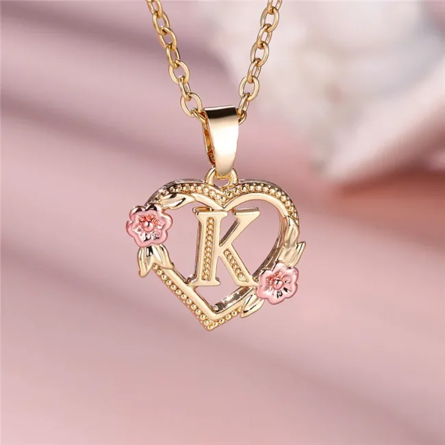 Female A-Z Letter Flower Pendant Necklace Yellow Gold Color Wedding Jewelry Gift For Women 1