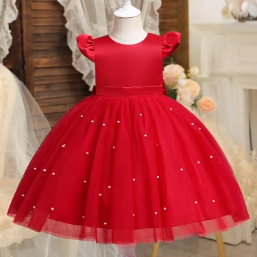Toddler Girl Red Christmas Princess Dress Cute Baby Girl 1st Birthday Party Tutu Gown Newborn Backless Bow Beading Xmas Costume 2