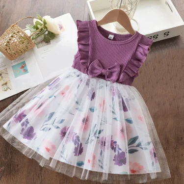 Summer Baby Girl's Dress 2024 New Flying Sleeves Dress Toddler Mesh Bow Flower Princess Holiday Dress Children's Clothes 1-5Year 1