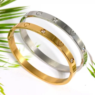 New Waterproof Cubic Zirconia Heart Flower Bangles Stainless Steel Bracelets Tarnish Free Jewelry for Women Factory Wholesales 6