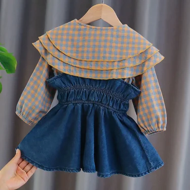 Toddler Kids Baby Girls Plaid Blouse Sling Denim Dress Spring Long Sleeve Tops Infant Girls Dress for Children Clothes Sets 2025 2