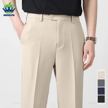 Spring Summer Suit Pants Men Business Smooth Slim Business Office Social Elastic Waist Ankle Length Formal Korean Trousers Male 1
