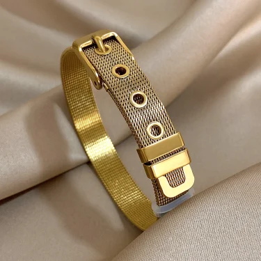 AENSOA Classic Belt Shape Stainless Steel Bracelets for Women Men Statement Gold Plated Metal Bangle Unisex Wristband Jewelry 1