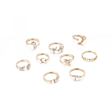 Bohemian Style New Set Ring Personalized 9-piece Love Butterfly Star Moon Set Crystal Combination Rings for Women Girls Jewelry 6
