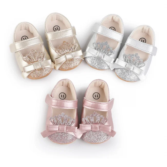 MISOWMNJOY Sequin Baby Girls Shoes Princess Newborn Mary Jane Flats Glitter Crown Bow Dress Shoes Non-Slip Newborn Crib Shoes 3