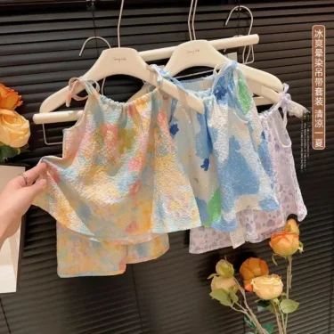 2pc set Kids Girl Clothing Fashion New Baby Girl Sling Set Summer Thin Loose Children Camisole + Shorts Suit Girls Outfits 3
